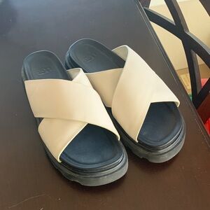 UGG Black and Cream Cross Strap Slides